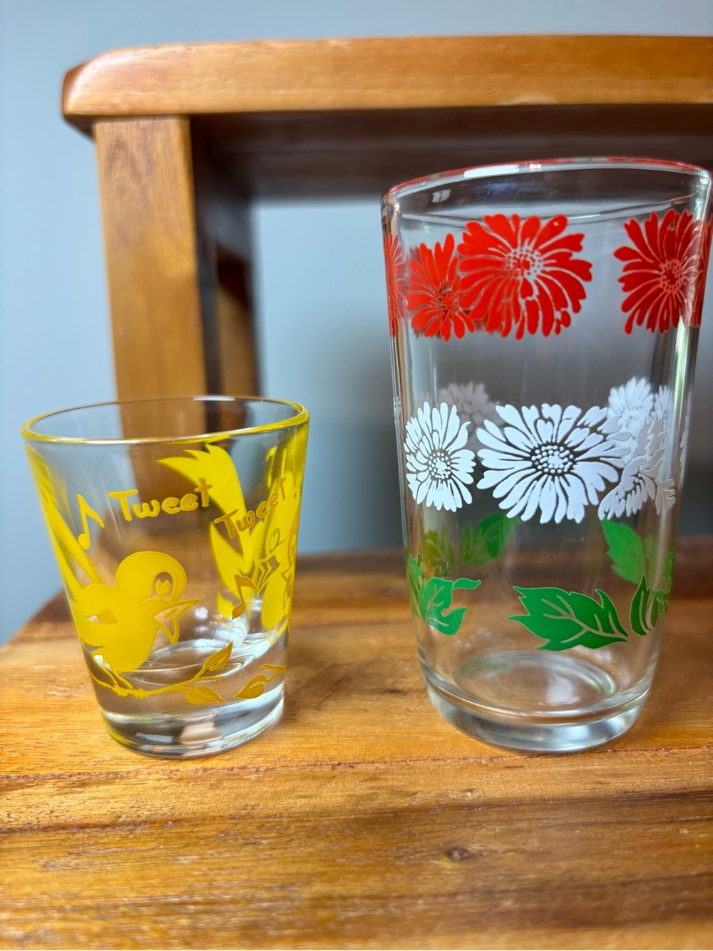 “Tweet Tweet" Yellow Bird shot glass & Swanky Swig 1950’s juice glass MCM